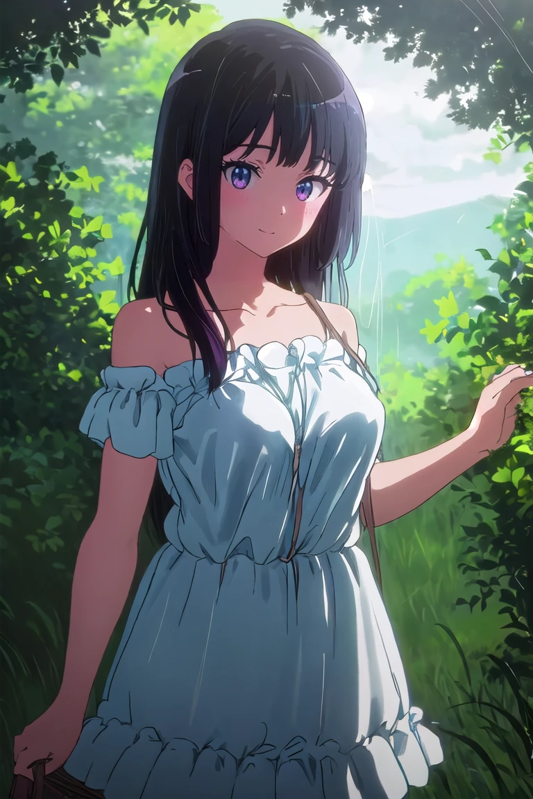 masterpiece, best quality, outdoors, field, grass, forest, rain, water drop,
1girl, solo, looking at viewer, cowboy shot, leaning forward, head tilt, shirt, blue shirt, collarbone, short sleeves, t-shirt, off shoulder, oversized shirt, naked shirt, oversized clothes, see-through silhouette, see-through shirt, large breasts, covered nipples, 
