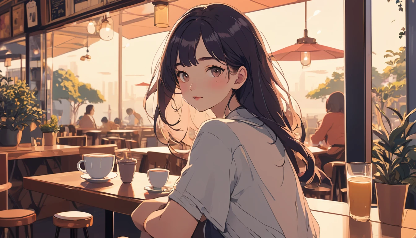 Sexy woman in a cafe、, Wide-angle lens, Lofi Anime, Lofi illustration, Aesthetic atmosphere, Lo-Fi Style, Vector art, Flat Design, Simple shape, Warm tones, Pleasant atmosphere, Chill, In anime style, Digital drawing, Vector art, Vector logo for t-shirt printing, (Adorable:1.5), (small:1.4), (Playful:1.2), (soft:1.3), (Whimsical:1.1), masterpiece, Highest quality, 8K, Intricate details, grow, Celestial, Mysterious, Picturesque, amazing, Majestic, Magic, Fantasy art, Cover art, dream-like