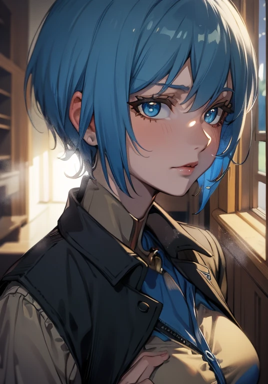 a woman with blue hair and a black jacket, beautiful natural lighting, yellow eye, pretty clothing!, 1 9 th, natural short hair, beautiful goddess, sultry look, light borwn hair, wear's beige shirt, morning light, looking exhausted, ultra detailed, best quality, expressive eyes, perfect face,