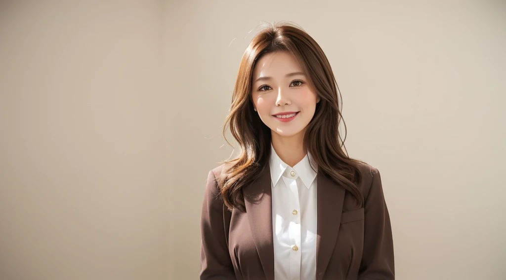 Generate an image of a cute and charming office lady with light brown hair. She is dressed in stylish office casual attire, wearing a warm and welcoming smile. The background is a clean and white office setting, creating a professional yet relaxed atmosphere. Pay attention to the details of her light brown hair and the office casual outfit, and convey the positive and approachable demeanor of a delightful office professional