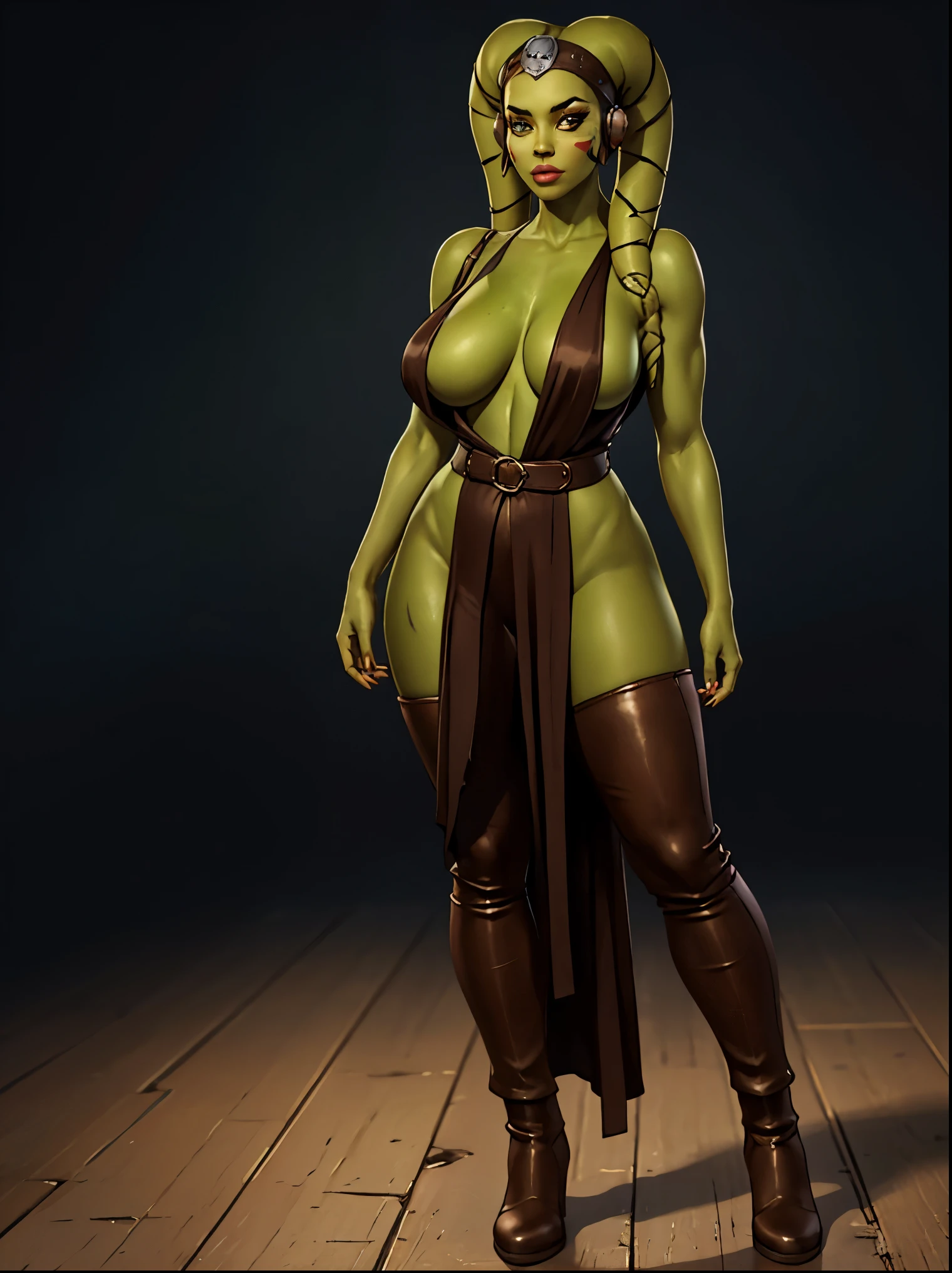 (best quality, ultra quality, cinematic still, work of masters, masterpiece, ultra detailed), 1girl, (((green skin))), sexy Twi'lek, (((super detailed beautiful face)), (big saggy breasts), titsonastick, dressed in modest style, wearing dark brown full body robes, with a beige tunic, loose trousers, long boots, brown cloth, buckles, straps, Star Wars, lekku markings, bimbo lips, extreme detail, skindentations, most beautiful girl in the world, perfect proportions.