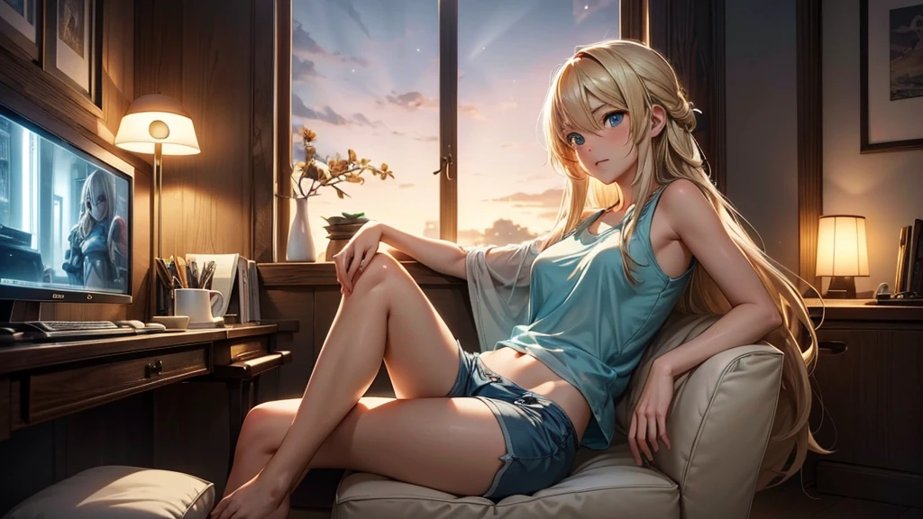 Create a high-quality, detailed image of a beautiful anime lofi girl with long blonde hair, bright blue eyes, sitting at her gaming PC in her cozy gaming room. She is wearing a see-through tank top, subtly revealing her nipples, and her midriff. She also has on sleep shorts. The warm, inviting scene includes soft ambient lighting and comfortable seating. The room is illuminated by a small lamp, creating a serene and intimate atmosphere with a touch of sensuality