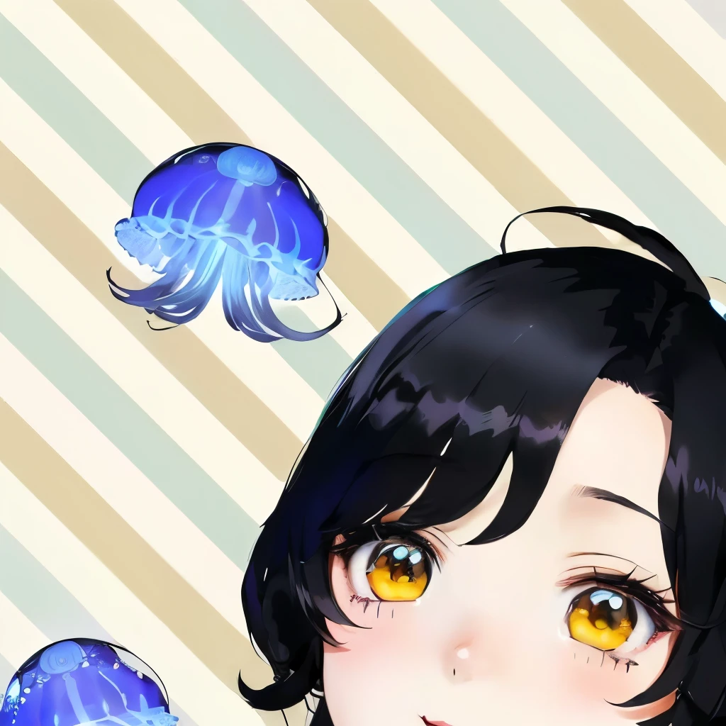 Anime girl with black hair and yellow eyes, 8K, Cute realistic portrait, Upper Body,Cute anime style, Jellyfish Shrine Maiden,smile, summer, Neat and cute art style, Jellyfish Shrine Maiden, jellyfish element, Anime Moe Art Style, wallpaper!, In anime style, I also make fan art, inspired by Takehisa Yumeji, Loish and clamp styles
