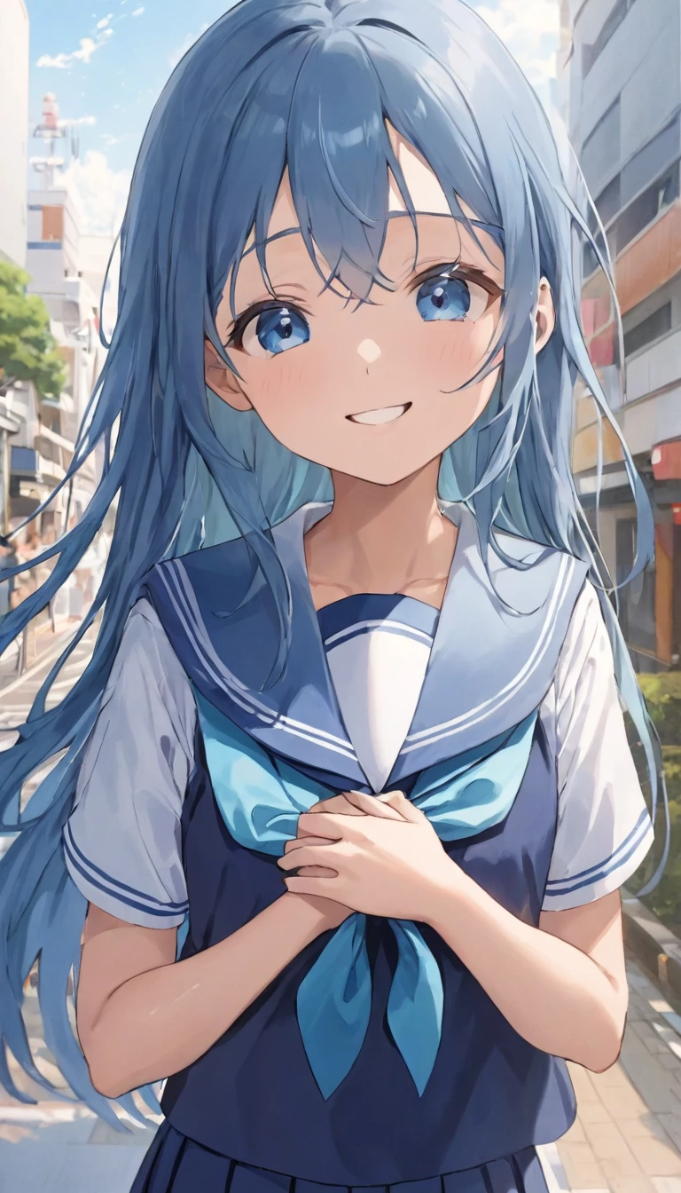 (standing, in the Fukuoka hakata city), (pov close up face) (solo:2, 15 yo forehead blue hair long hair lovely girl, lovely blue eyes, cute smile), hand put on own chest, in a summer school sailor suit, skirt, BREAK, perfect anatomy, masterpiece, best quality, 16k, beautiful detailed grow, daydreaming expression.