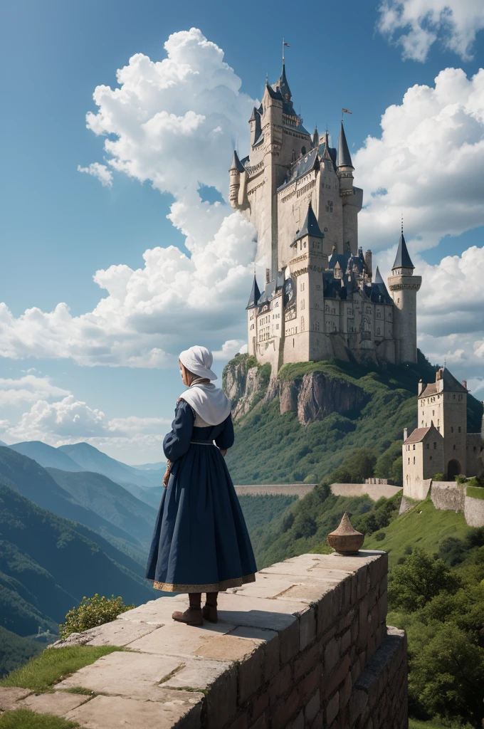 A peasant woman with her back admiring a castle among the clouds