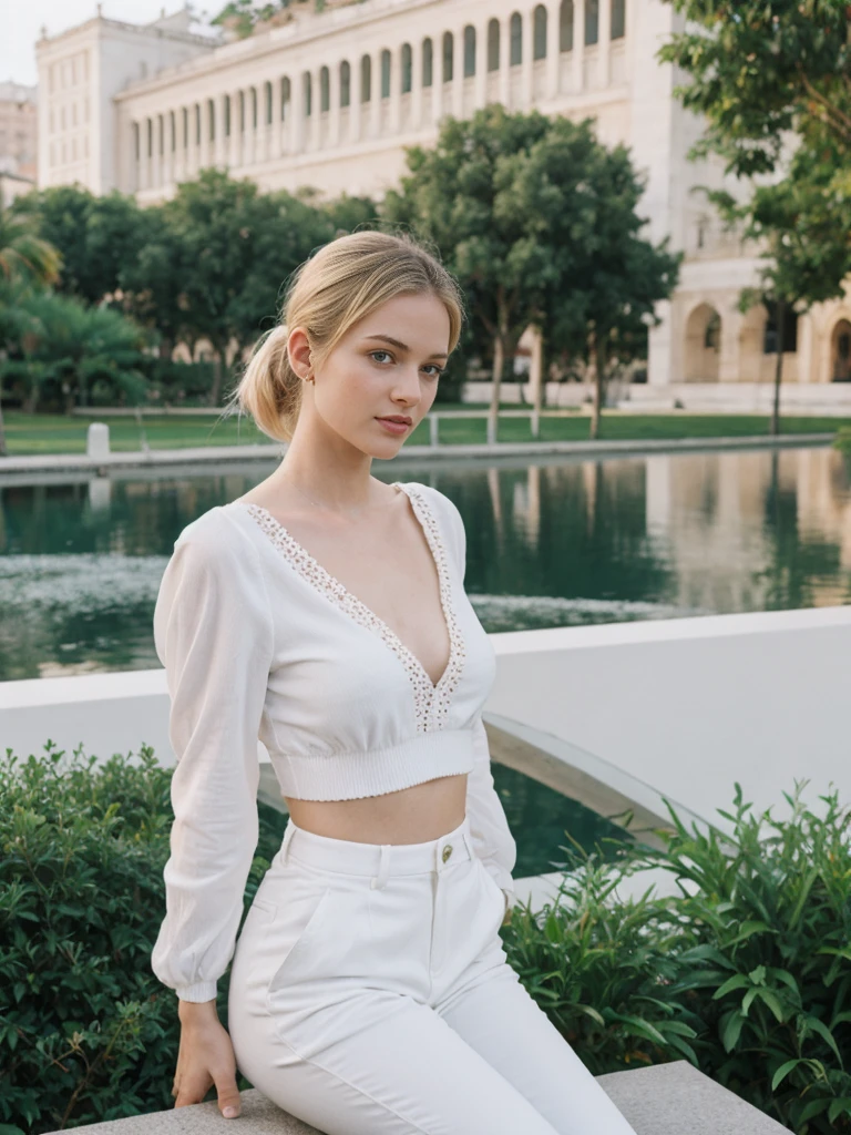 her name is Elle, high quality, 1girl, ((20-year-old fit Caucasian woman)), ((20 years old)), ((fit)), ((pale skin)), ((sleek ponytail blonde colored hair)) , wearing Ruby Red Embellished Bustier Top + Orange High-Waisted Split-Hem Trousers, pose: standing, background: Describe the futuristic architecture of Valencia's City of Arts and Sciences, with its sleek, white structures reflecting in serene pools and surrounded by lush greenery.