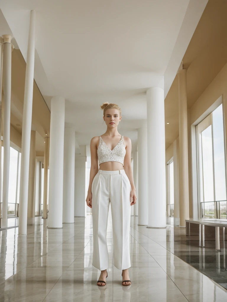 her name is Elle, high quality, 1girl, ((20-year-old fit Caucasian woman)), ((20 years old)), ((fit)), ((pale skin)), ((sleek ponytail blonde colored hair)) , wearing Ruby Red Embellished Bustier Top  + Orange High-Waisted Split-Hem Trousers, pose: standing, background: Describe the futuristic architecture of Valencia's City of Arts and Sciences, with its sleek, white structures reflecting in serene pools and surrounded by lush greenery.