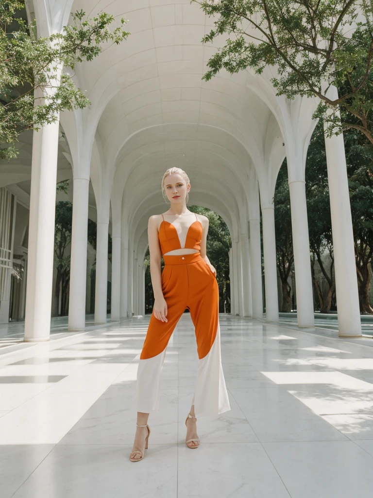her name is Elle, high quality, 1girl, ((20-year-old fit Caucasian woman)), ((20 years old)), ((fit)), ((pale skin)), ((sleek ponytail blonde colored hair)) , wearing Ruby Red Embellished Bustier Top + Orange High-Waisted Split-Hem Trousers, pose: standing, background: Describe the futuristic architecture of Valencia's City of Arts and Sciences, with its sleek, white structures reflecting in serene pools and surrounded by lush greenery.