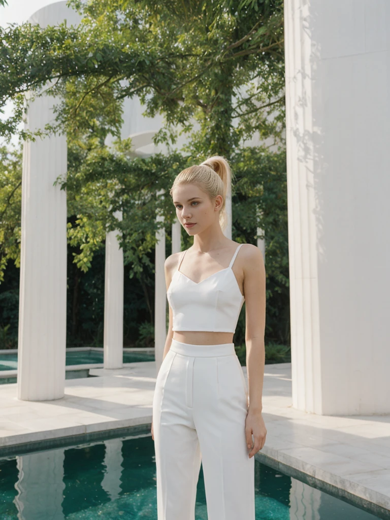 her name is Elle, high quality, 1girl, ((20-year-old fit Caucasian woman)), ((20 years old)), ((fit)), ((pale skin)), ((sleek ponytail blonde colored hair)) , wearing Ruby Red Embellished Bustier Top  + Orange High-Waisted Split-Hem Trousers, pose: standing, background: Describe the futuristic architecture of Valencia's City of Arts and Sciences, with its sleek, white structures reflecting in serene pools and surrounded by lush greenery.