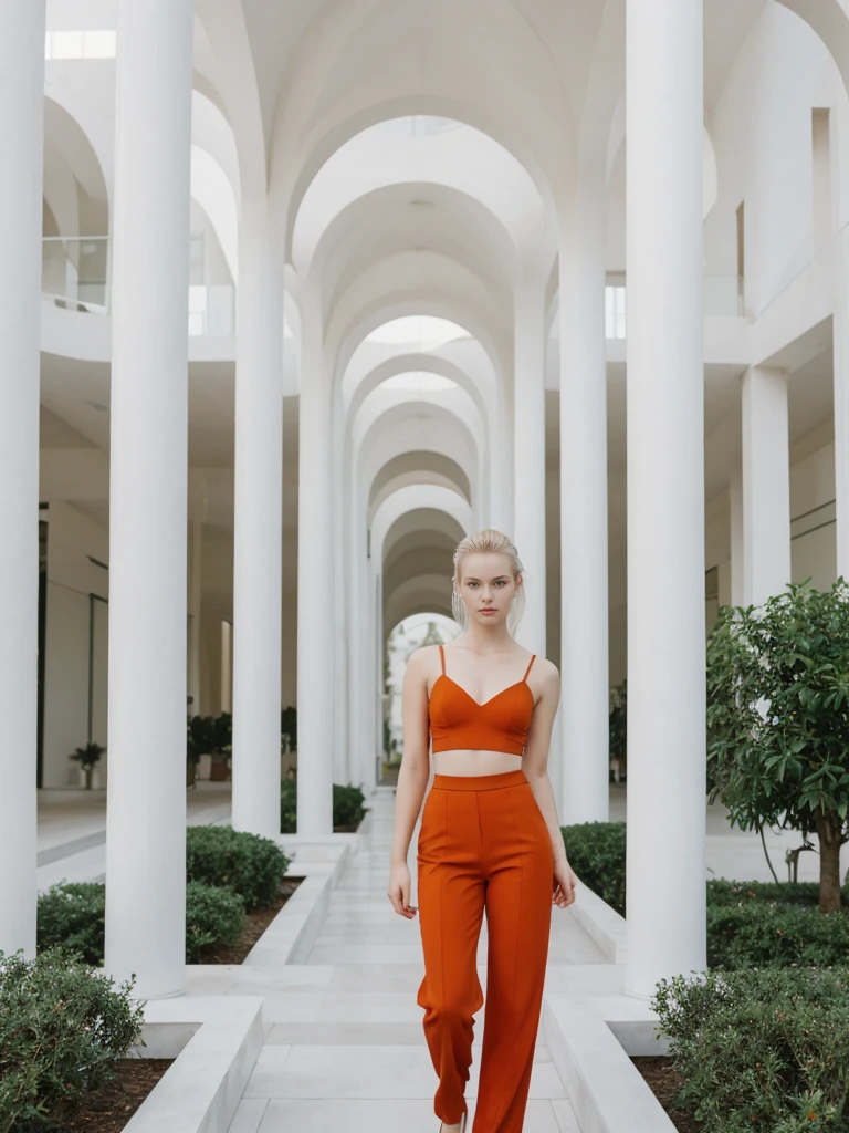 her name is Elle, high quality, 1girl, ((20-year-old fit Caucasian woman)), ((20 years old)), ((fit)), ((pale skin)), ((sleek ponytail blonde colored hair)) , wearing Ruby Red Embellished Bustier Top + Orange High-Waisted Split-Hem Trousers, pose: standing, background: Describe the futuristic architecture of Valencia's City of Arts and Sciences, with its sleek, white structures reflecting in serene pools and surrounded by lush greenery.