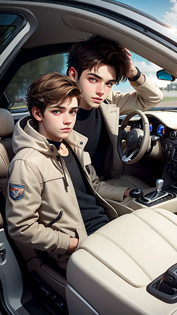 18 year old male, short brown hair, white parka coat, Brown eye color, behind the wheel of a sports car