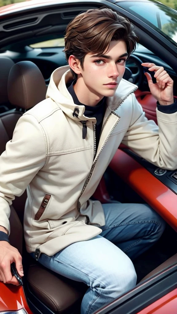 18 year old male, short brown hair, white parka coat, Brown eye color, behind the wheel of a sports car
