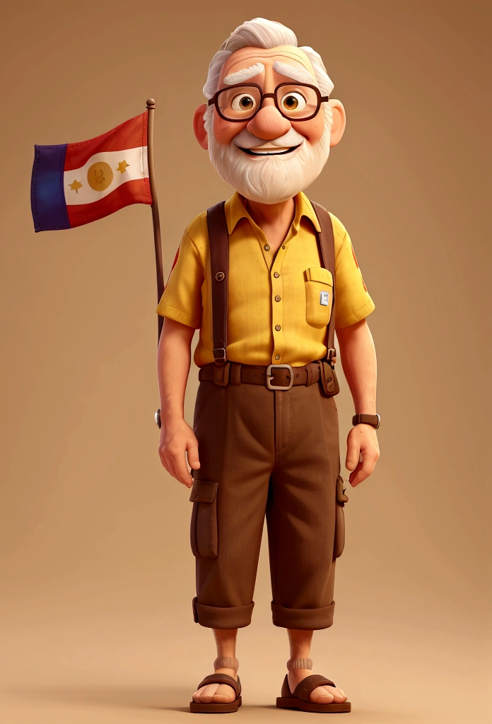 An elderly man next to a stretched out flag, with medium beard, smiling, wearing a colorful flower shirt. He is wearing flip-flops and brown shorts. left hand holds a brown flag, The man is standing facing the viewer. money bills are coming out of your blouse pocket. pixar model, 3 d drawing, detailedeyes, flag on the side, flag in yellow color