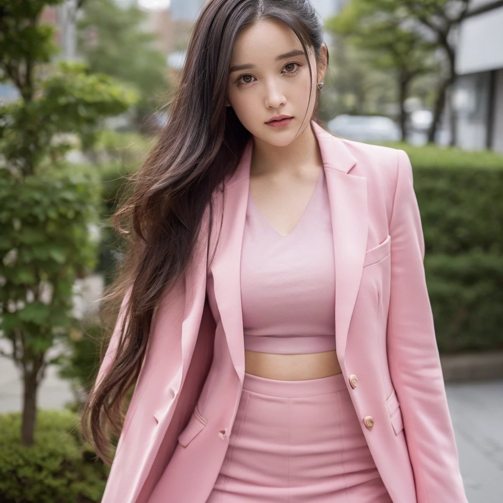 Close up,1 girl,solo,(((Anne-Marie Alto))) ,long hair, wear a tight pink suit, tight skirt ,(short skirt),looking at camera,25 years old, in the Tokyo city