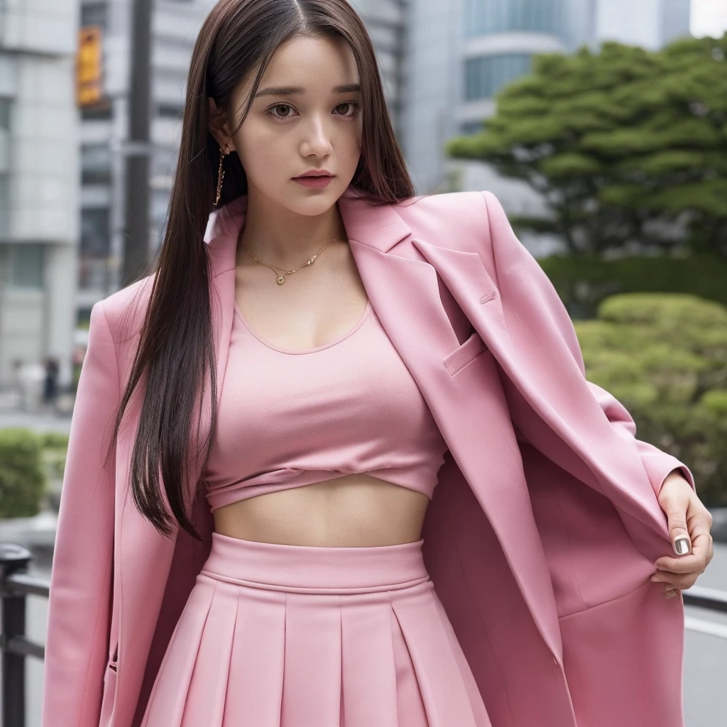 Close up,1 girl,solo,(((Anne-Marie Alto))) ,long hair, wear a tight pink suit, tight skirt ,(short skirt),looking at camera,25 years old, in the Tokyo city