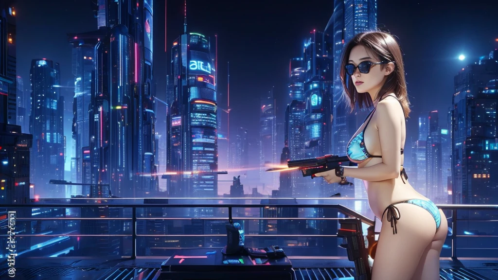 (((a medium-breast bikini slim GIRL with black micro sunglasses))), (((aiming at viewer with a pistol))), a balcony of a futuristic building, aerial view of an ultra-futuristic megalopolis, many metal buildings and houses in dark colors from dark blue to black, a cidade tem tons de cinza metal, has smoky metal structures , industrial environment with smoke and fog around, carros escuros nas ruas, desert megalopolis, trilhos e trens modernos de de metal passando estre as ruas da cidade, tall futuristic metal buildings, many ultra modern buildings around, realistic, detailed, sci-fi.
