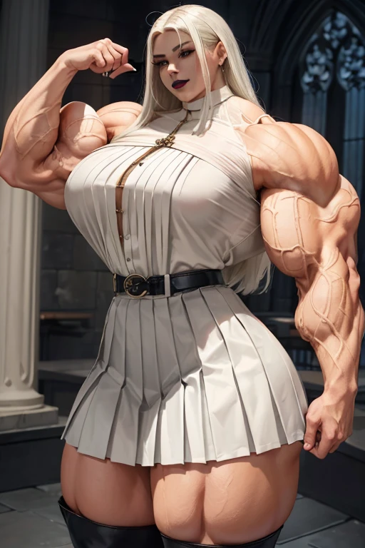 ((((Massive tall, beautiful, buff, light brown skinned muscular woman with white hair, black lipstick, ginormous bulky muscles and wearing a white off pleated shirt with beautiful long pleated skirt)))), (close view), (massive muscles), long straight hair, ((chained belt)), blue eyes, choker, ((white pleated shirt and tie)), ((beautiful long pleated skirt)), belt, thigh high socks, black boots, (in Hogwarts), closed smile, night, massive muscles