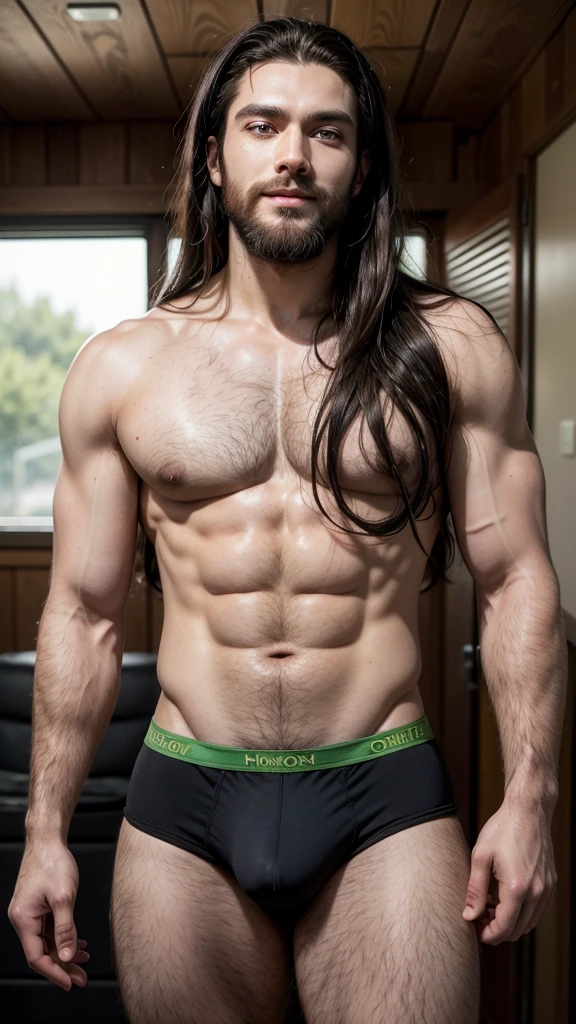 A man, black hair, dark skin, trimmed beard, handsome, muscular, long red hair with big green eyes, has a big sensual smile, has no shirt and only wears fairly tight underwear that shows his crotch, he is quite tall.