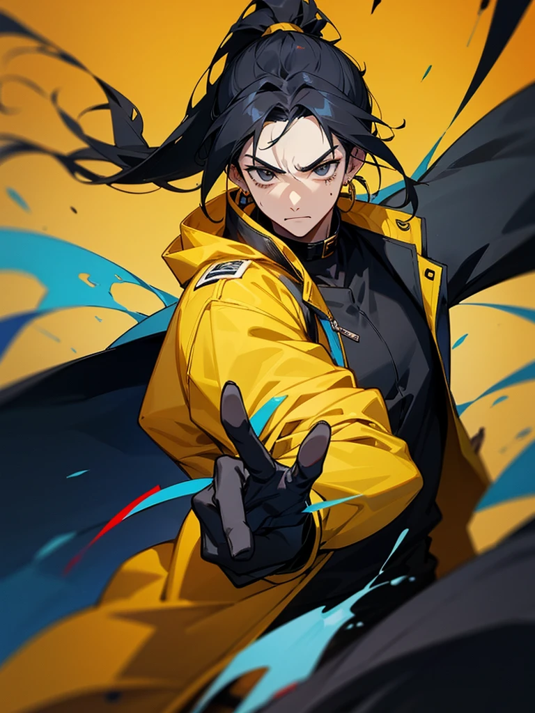 Male character with black hair with a half ponytail and a black eyes u. Black collar, black shirt, anime style, manga style and long hair that is from an anime drawing. With a black shirt with yellow earrings and a yellow jacket and with blood, a lot of blood on his face, a jacket without long sleeves. That he has an aura all over his blue hands.