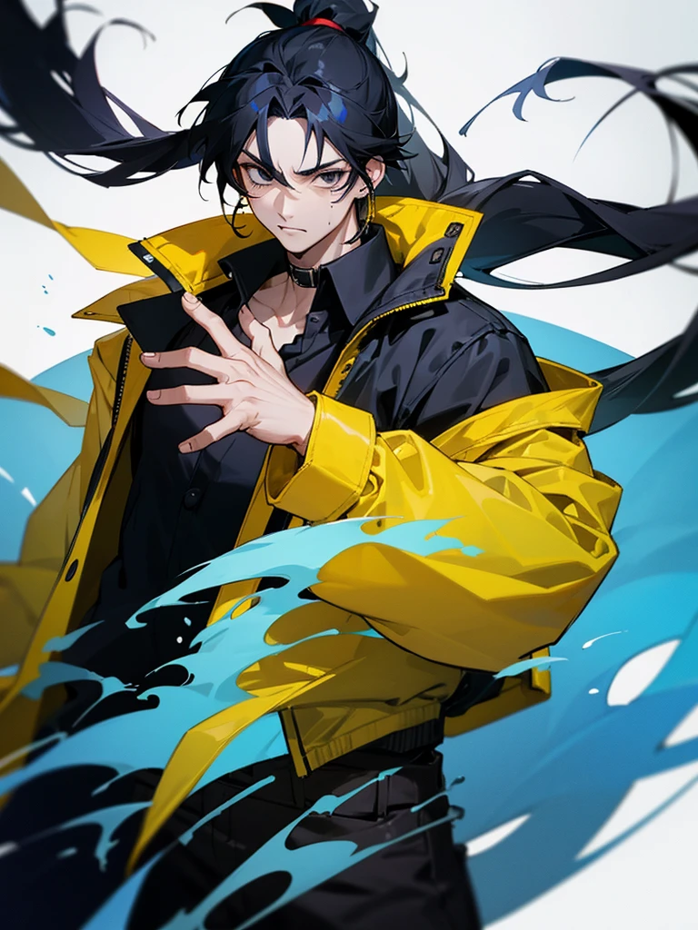 Male character with black hair with a half ponytail and a black eyes u. Black collar, black shirt, anime style, manga style and long hair that is from an anime drawing. With a black shirt with yellow earrings and a yellow jacket and with blood, a lot of blood on his face, a jacket without long sleeves. That he has an aura all over his blue hands.