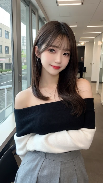 Tabletop, Highest quality, figure, Super detailed, In detail, High resolution, 8k wallpaper, Perfect dynamic composition, Beautiful attention to detail, Off-the-shoulder skirt、Edium Hair,Small breasts Natural color Lips, Bold sexy pose,smile,State-of-the-art offices、20-year-old girl、cute、sexy shot looking at camera、Blur the background,Photograph only the face