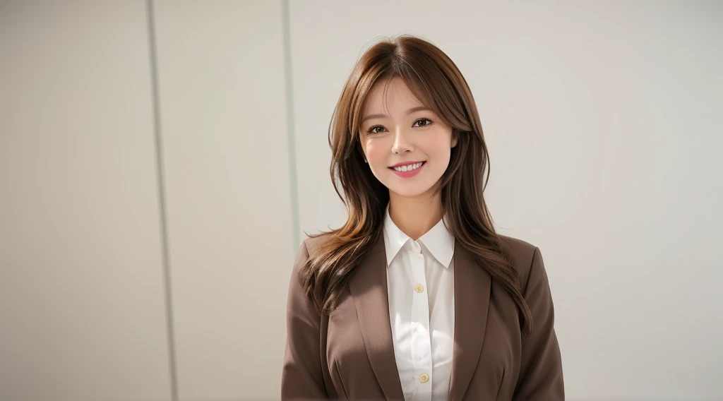 Generate an image of a cute and charming office lady with light brown hair. She is dressed in stylish office casual attire, wearing a warm and welcoming smile. The background is a clean and white office setting, creating a professional yet relaxed atmosphere. Pay attention to the details of her light brown hair and the office casual outfit, and convey the positive and approachable demeanor of a delightful office professional