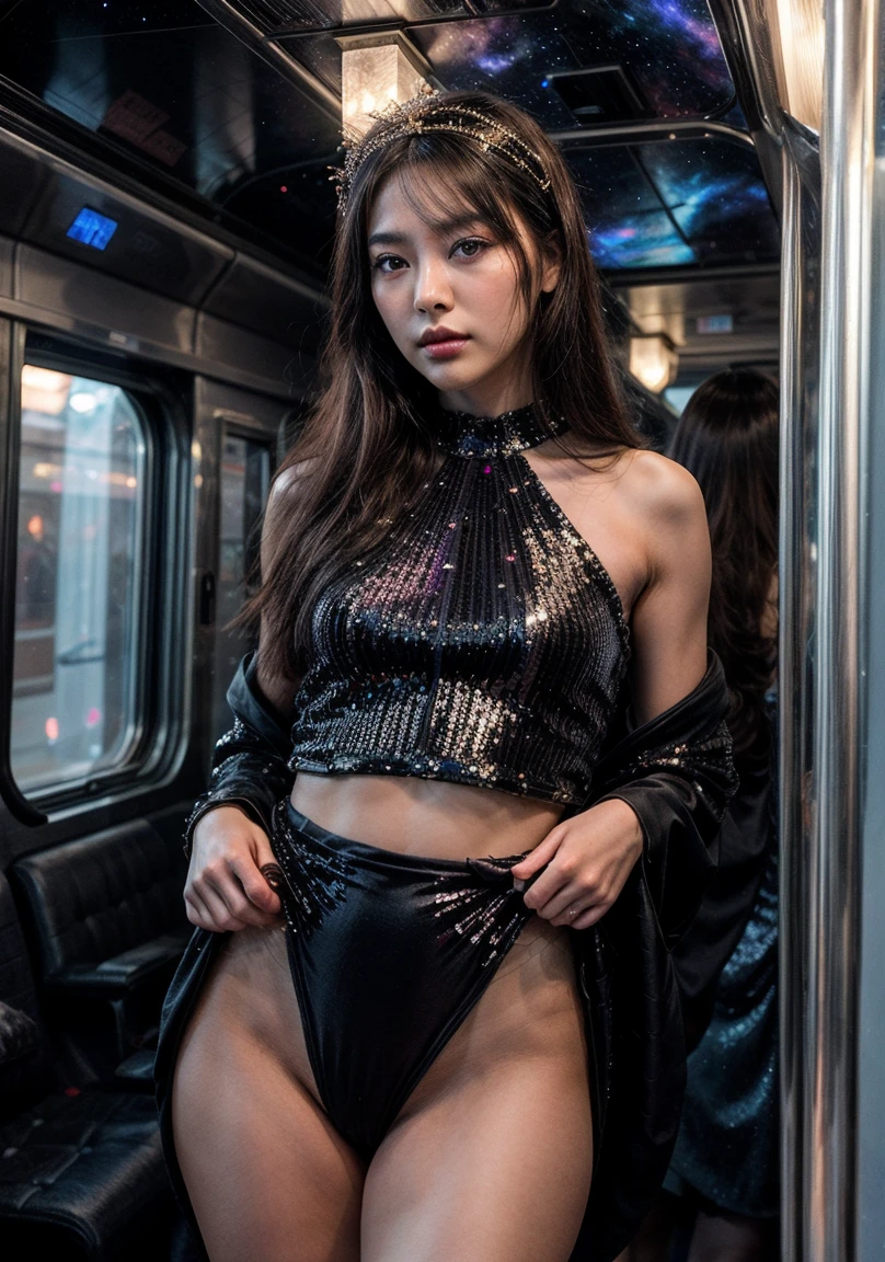 (masterpiece:1.3) , (perfect anatomy:1.2) , 32k UHD resolution, (best quality:1.2) , RAW, vibrant, (realistic photo:1.2) , (professional photography:1.2) , (highly details:1.2) , depth of field, (beautiful woman:1.2) , (Celestial Elegance Ensemble:1.2) , (Galactic-inspired Fabric Patterns:1.1) , (Starlight Sequin Embellishments:1.2) , (Extravagant Moonlit Train:1.1) , (Celestial Halo Headpiece:1.2) , (Ethereal Glow Fabric:1.1) , (Abstract Constellation Embroidery:1.1) , (Luxurious Nebula Palette:1.2) , (Stellar Runway Pose:1.1) , (Cosmic Atmosphere:1.2) , Korean fantasy. Make the backround look like the outer space.