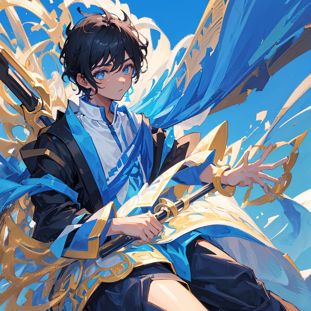 A teenager,male,Black short hair,Holding a long sword,Wear gorgeous clothes,((Pure blue background))