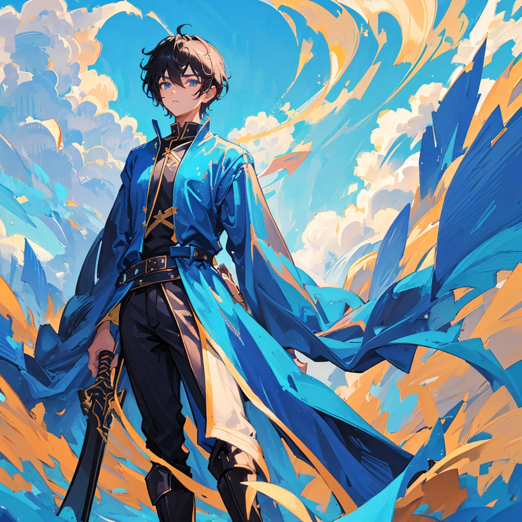 A teenager,male,Black short hair,Holding a long sword,Wear gorgeous clothes,((Pure blue background))