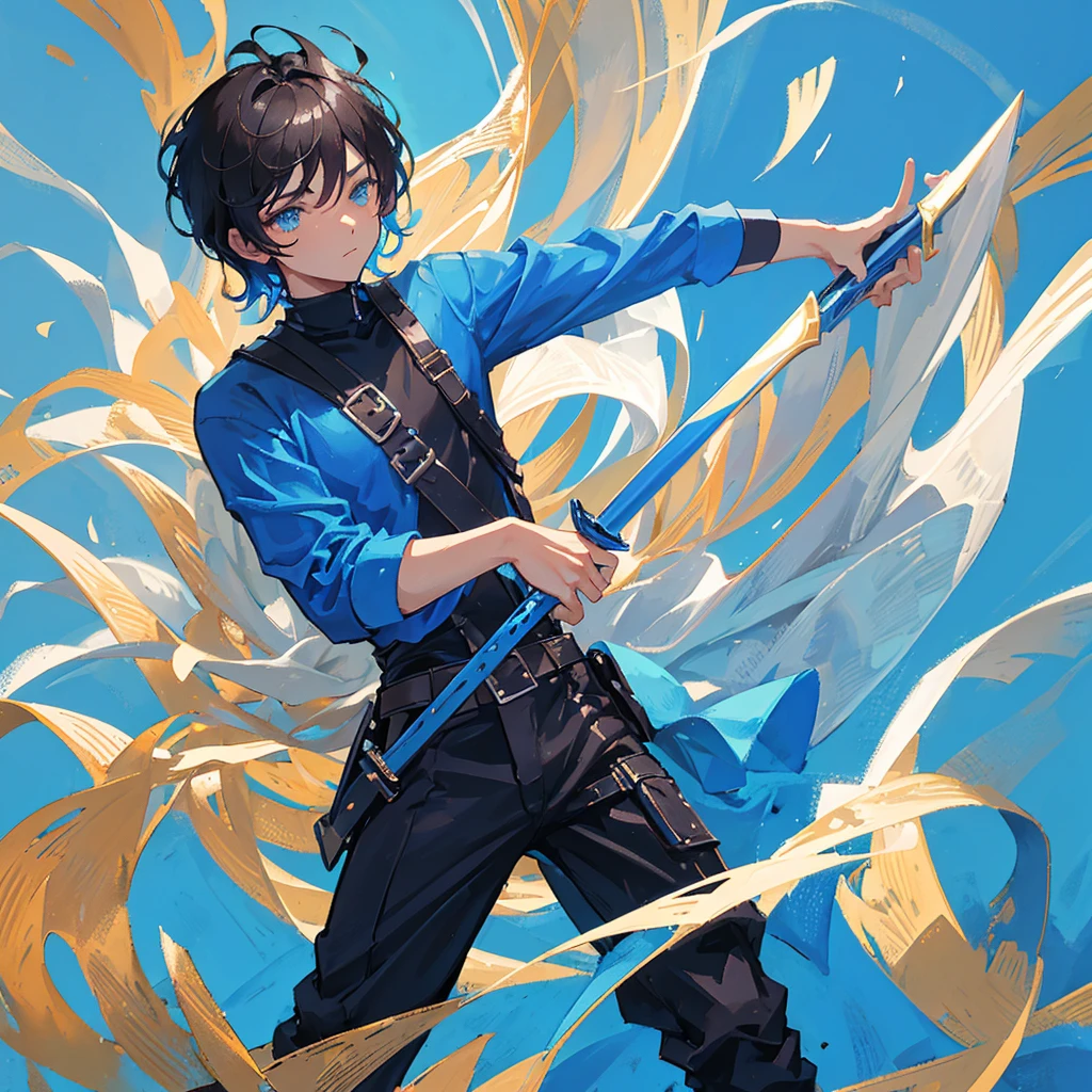 A teenager，male，Black short hair，Holding a long sword，Wear gorgeous clothes，((Pure blue background))