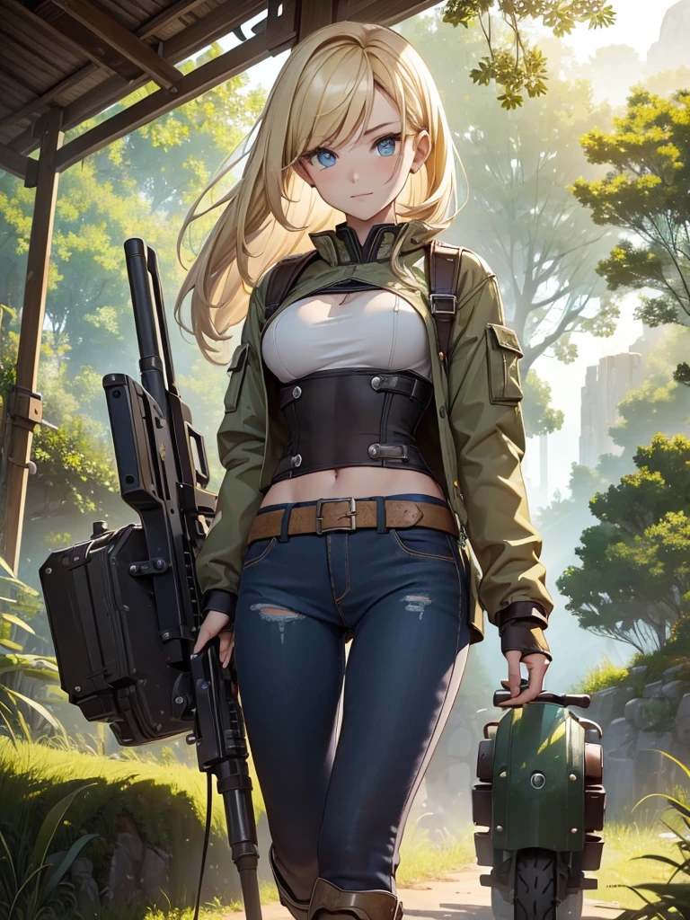 ((((work of art)))), Cao Cao quality, lots_Cao Cao_resolution, big fit ass_file size, full color, steam punk featuring a futuristic planet,, in a distant forest, bustling alien markets, and an off-road bike. The protagonist is a stunning girl in the upper body, 1 person, blonde, 小柄, bob, silver smile, mechanized weapons. wearing a white blouse, distressed denim shorts, engineer boots, and riding an off-road bike. Beauthfull,