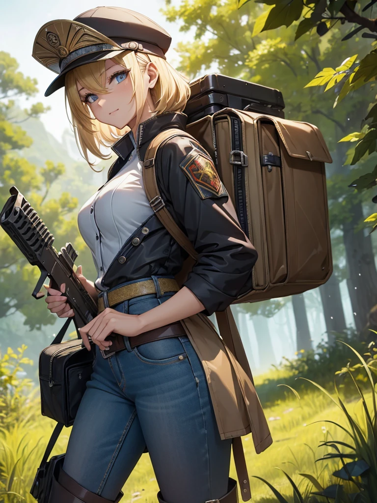 ((((work of art)))), Cao Cao quality, lots_Cao Cao_resolution, big fit ass_file size, full color, steam punk featuring a futuristic planet,, in a distant forest, bustling alien markets, and an off-road bike. The protagonist is a stunning girl in the upper body, 1 person, blonde, 小柄, bob, silver smile, mechanized weapons. wearing a white blouse, distressed denim shorts, engineer boots, and riding an off-road bike. Beauthfull,