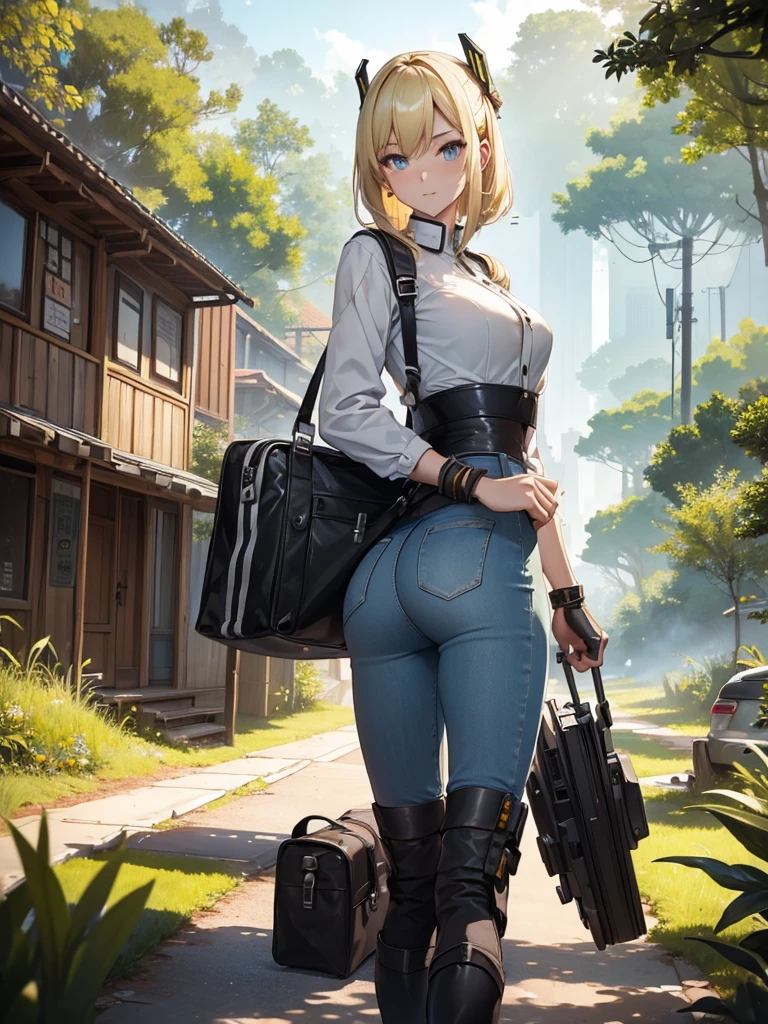((((work of art)))), Cao Cao quality, lots_Cao Cao_resolution, big fit ass_file size, full color, steam punk featuring a futuristic planet,, in a distant forest, bustling alien markets, and an off-road bike. The protagonist is a stunning girl in the upper body, 1 person, blonde, 小柄, bob, silver smile, mechanized weapons. wearing a white blouse, distressed denim shorts, engineer boots, and riding an off-road bike. Beauthfull,