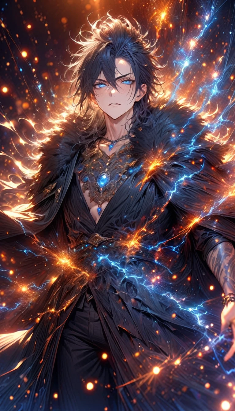 absurdres, highres, ultra detailed, HDR, master piece, best quality, Luka, black hair, messy hair windswept, expressive blue eyes, Demon Sorrow, solo, sexy man, handsome, black cape with fur, necklace, sparks, blue lightning, fantasy, blue small orbs, starry sky background
