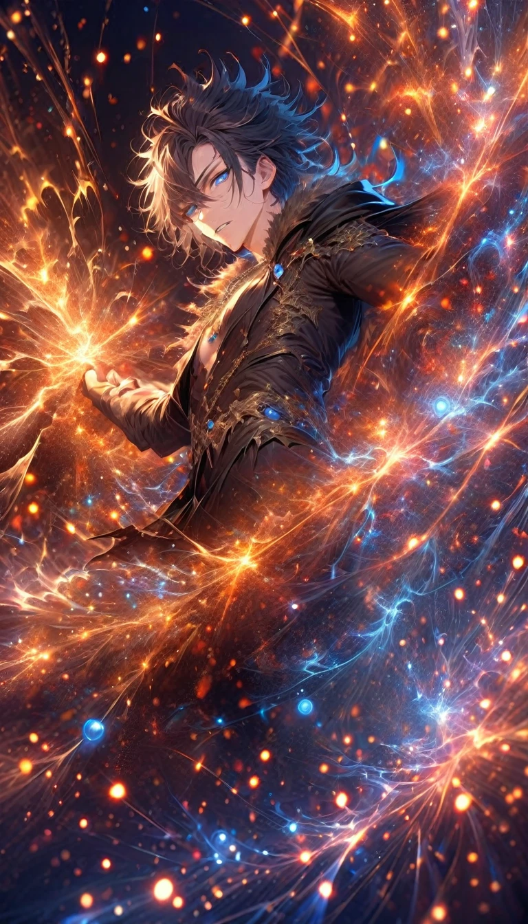 absurdres, highres, ultra detailed, HDR, master piece, best quality, Luka, black hair, messy hair windswept, expressive blue eyes, Demon Sorrow, solo, sexy man, handsome, black cape with fur, necklace, sparks, blue lightning, fantasy, blue small orbs, starry sky background