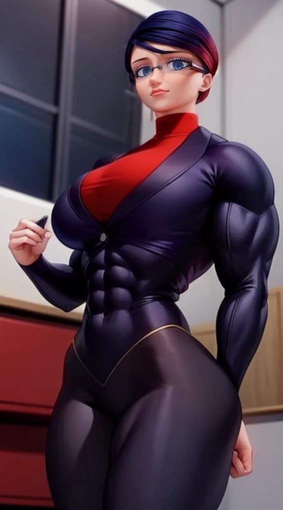 a muscular female bodybuilder in (( red bra inside (office suit) and her hair is (gradient of dark blue and red) from end to the right side of head)), detailed face, beautiful detailed eyes, beautiful detailed lips, ((extremely detailed face and muscles)), long eyelashes, strong muscles bulging through suit, dynamic pose, professional studio lighting, hyperrealistic, 8k, high quality, photorealistic, physically-based rendering, concept art, dramatic color palette,((abs)).