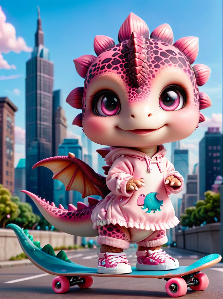 ral-smoldino, A girl dressed in a pink dinosaur costume, Pink sneakers, strike a playful pose, Standing on a skateboard, Pink Eyes, proudly, Cartoon Style, full-body shot, City skyline background, Created with C4D and Blender, Blind box toy styles, Super Detail, Anatomically correct, masterpiece, precise