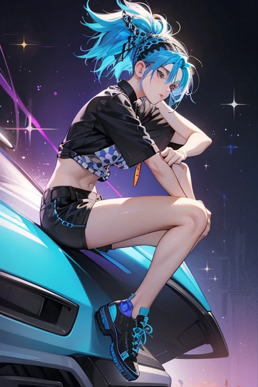 she has cerulean hair, styled into a mohawk. Around the mohawk is cobalt blue dyed hair with leopard prints. sHe has  brown  eyes, . sHe wears a black and white shirt saying TROUBLE, shorts with a violet and orange argyle pattern, and brown sweatbands on her wrists. sHe also wears black shoes. SPARKLE; GLITTER