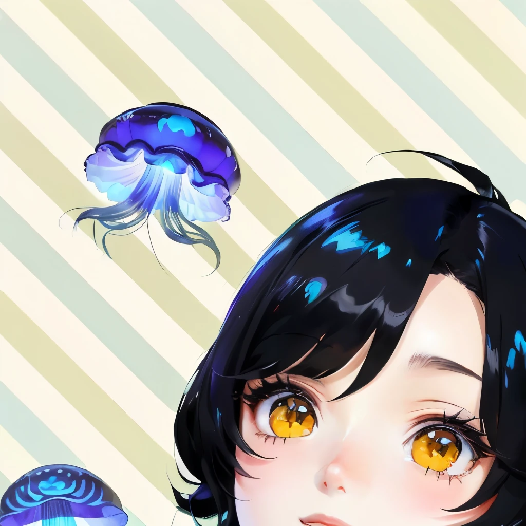 Anime girl with black hair and yellow eyes, 8K, Cute realistic portrait, Full body photo,Cute anime style, Jellyfish Shrine Maiden,smile, summer, Neat and cute art style, Jellyfish Shrine Maiden, jellyfish element, Anime Moe Art Style, wallpaper!, In anime style, I also make fan art, inspired by Takehisa Yumeji, Loish and clamp styles