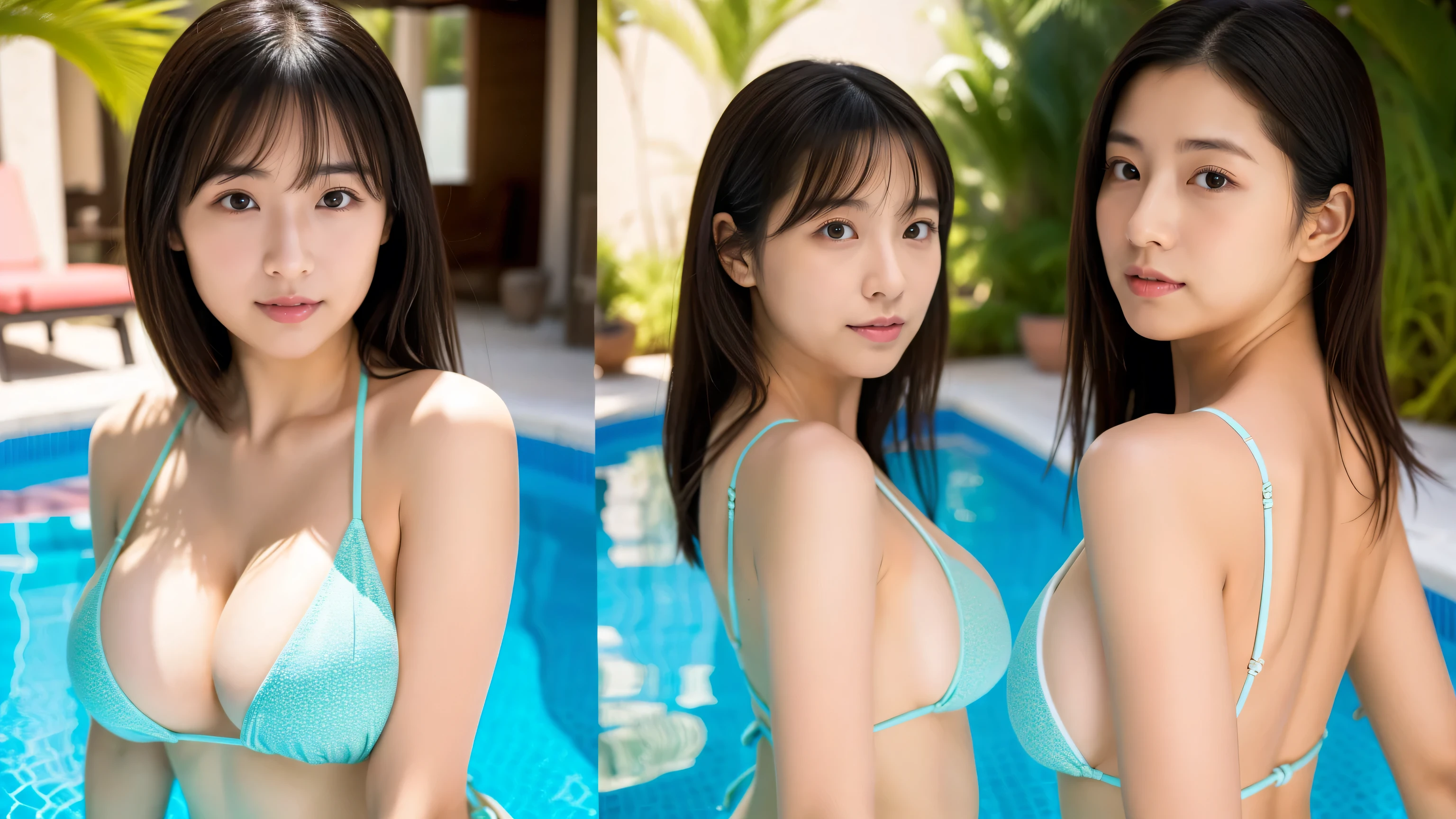 Ultra-realistic、High resolution、High resolution 8K photorealistic images。Scenes of Japanese sisters who look completely different。My sister is big, Beautiful Face, Long black hair.、Kind eyes、Elegant swimsuit。my sister is short、Has short brown hair.、Lively expressions、She has a baby face and big breasts、Wearing a sexy bikini.。The background is the poolside of a resort hotel with warm natural light streaming in.。Both facial details are clearly visible.、If so、everyone'Individuality。Create photo book-like page layouts。Expressing detailed human skin texture:1.34