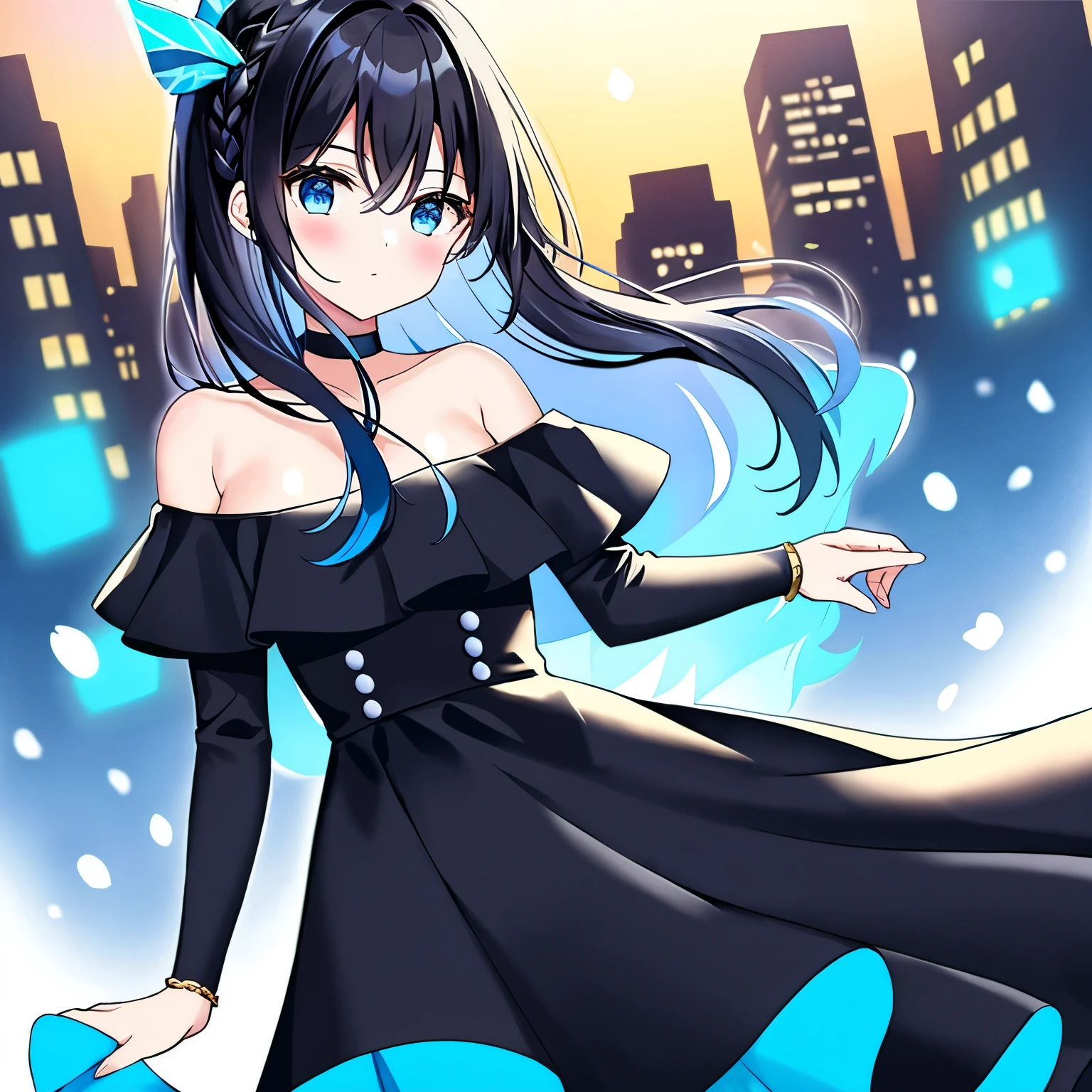((best quality)), ((masterpiece)), (detailed), 1girl, off-shoulder black and blue dress, black hair, blue eyes, blue neon city