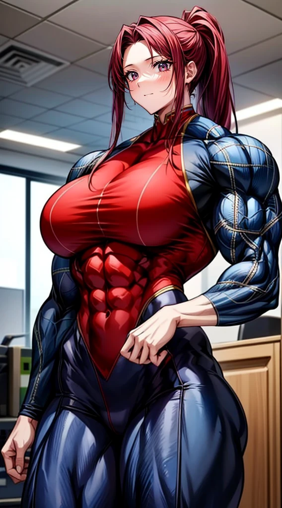 a muscular female bodybuilder in (( red bra inside (office suit) and her hair is (gradient of dark blue and red) from end to the right side of head)), detailed face, beautiful detailed eyes, beautiful detailed lips, ((extremely detailed face and muscles)), long eyelashes, strong muscles bulging through suit, dynamic pose, professional studio lighting, hyperrealistic, 8k, high quality, photorealistic, physically-based rendering, concept art, dramatic color palette,((abs)).