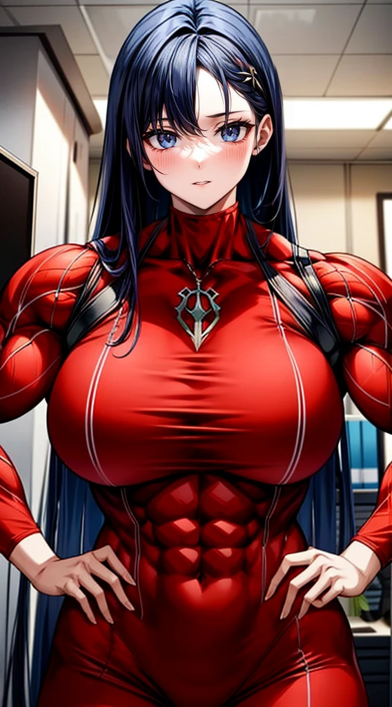 a muscular female bodybuilder in (( red bra inside (office suit) and her hair is (gradient of dark blue and red) from end to the right side of head)), detailed face, beautiful detailed eyes, beautiful detailed lips, ((extremely detailed face and muscles)), long eyelashes, strong muscles bulging through suit, dynamic pose, professional studio lighting, hyperrealistic, 8k, high quality, photorealistic, physically-based rendering, concept art, dramatic color palette,((abs)).