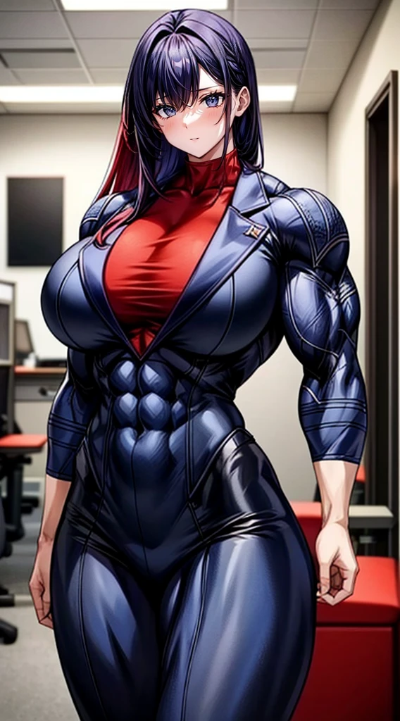 a muscular female bodybuilder in (( red bra inside (office suit) and her hair is (gradient of dark blue and red) from end to the right side of head)), detailed face, beautiful detailed eyes, beautiful detailed lips, ((extremely detailed face and muscles)), long eyelashes, strong muscles bulging through suit, dynamic pose, professional studio lighting, hyperrealistic, 8k, high quality, photorealistic, physically-based rendering, concept art, dramatic color palette,((abs)).