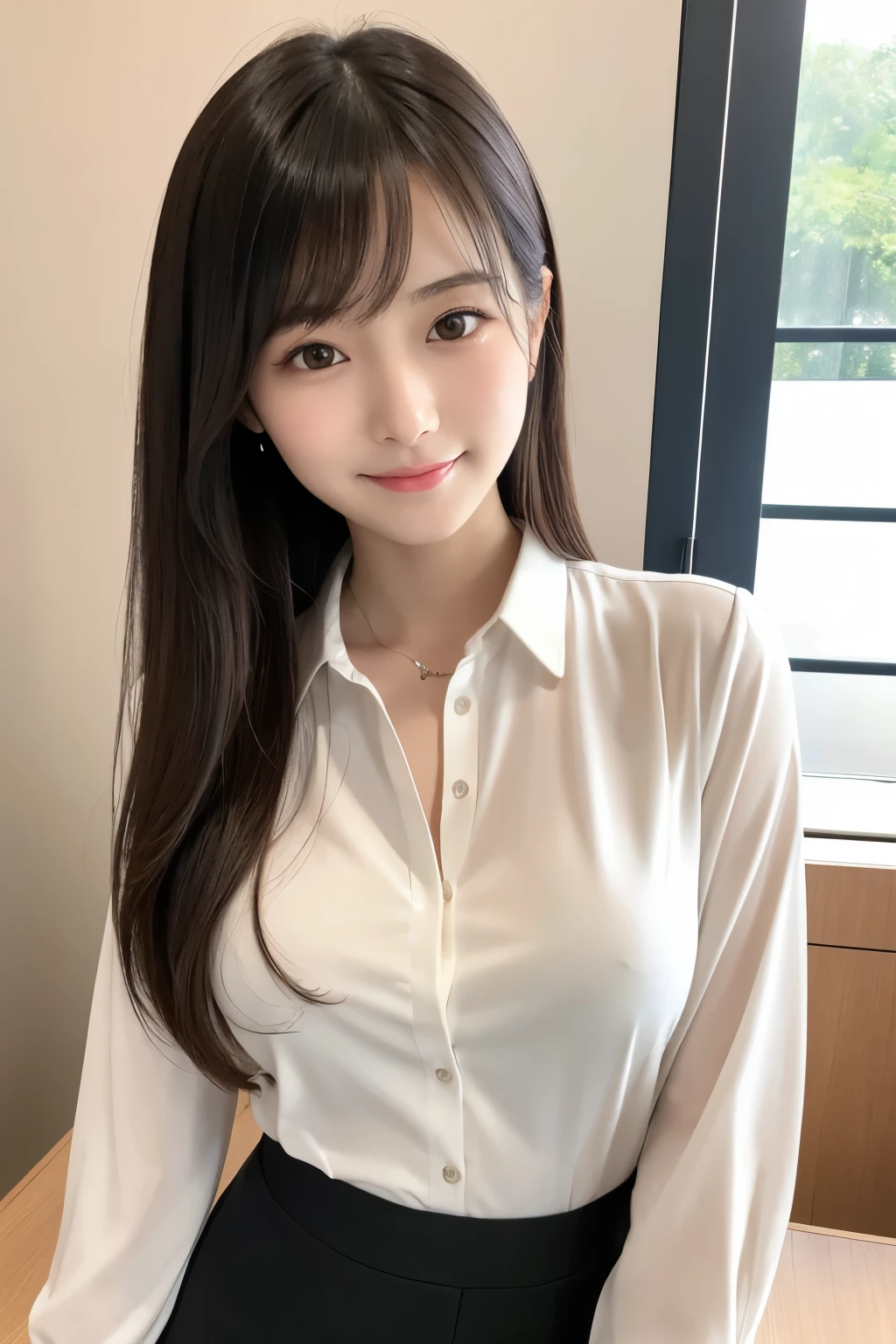 Smooth white tight clothing suit, Office Clothes, Elegant slim beige shirt, sakimichan, Wearing a blouse, Cream colored blouse, Business Attire, Quality white shirt, Work clothes, White blouse, wearing a White blouse, Business casual attire, Wearing a light shirt, Wearing a white shirt、Girl cute beautiful face, Beautiful Japanese girl face, Short hair, Beautiful young Japanese woman, Young and pretty Asian face, Realistic young gravure idol, Young and adorable Japanese face, Gorgeous Young Japanese Woman, Cute young woman, Portrait of a female idol in Japan, Portrait of a Japan ager,Ample breasts,smile