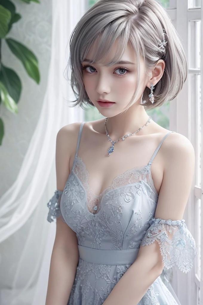 blue lace thong&Good, (((Very elegant and beautiful, Perfect detail, Super detailed))), whole body, The most detailed girl, Depth of written boundary, 美しく詳細なwhole body, Thin legs, 1 girl, 30 years old, Very short hair, Spiked Hair, Gray and silver hair, Beautiful detailed hair, Perfect Face, Expressionless, Beautifully detailed deep eyes, Open your mouth a little, Delicate arms and hands, Pale skin, Earrings, Beautiful and gorgeous necklace, Colorful background, HD background, Blurred Background, Very delicate and beautiful, Masterpiece, (((Highest quality, Very beautiful 8K CG wallpaper))), (((Trendy hairstyles))), (Inside the room,Stylish interior,window),
