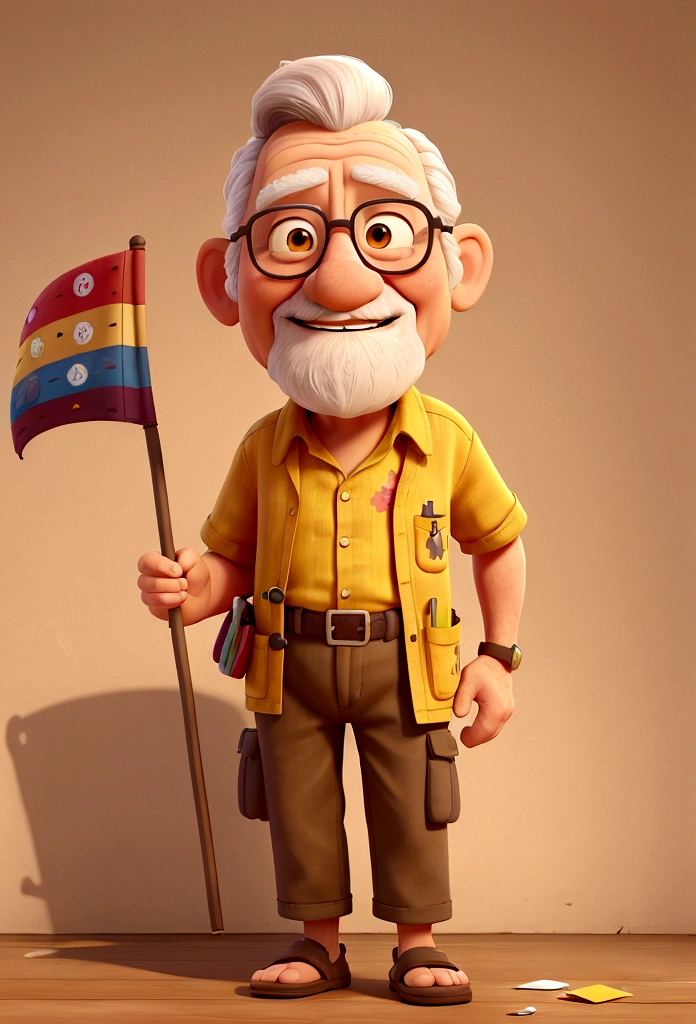An elderly man next to a stretched out flag, with medium beard, smiling, wearing a colorful flower shirt. He is wearing flip-flops and brown shorts. left hand holds a brown flag, The man is standing facing the viewer. money bills are coming out of your blouse pocket. pixar model, 3 d drawing, detailedeyes, flag on the side, flag in yellow color, blackboard behind