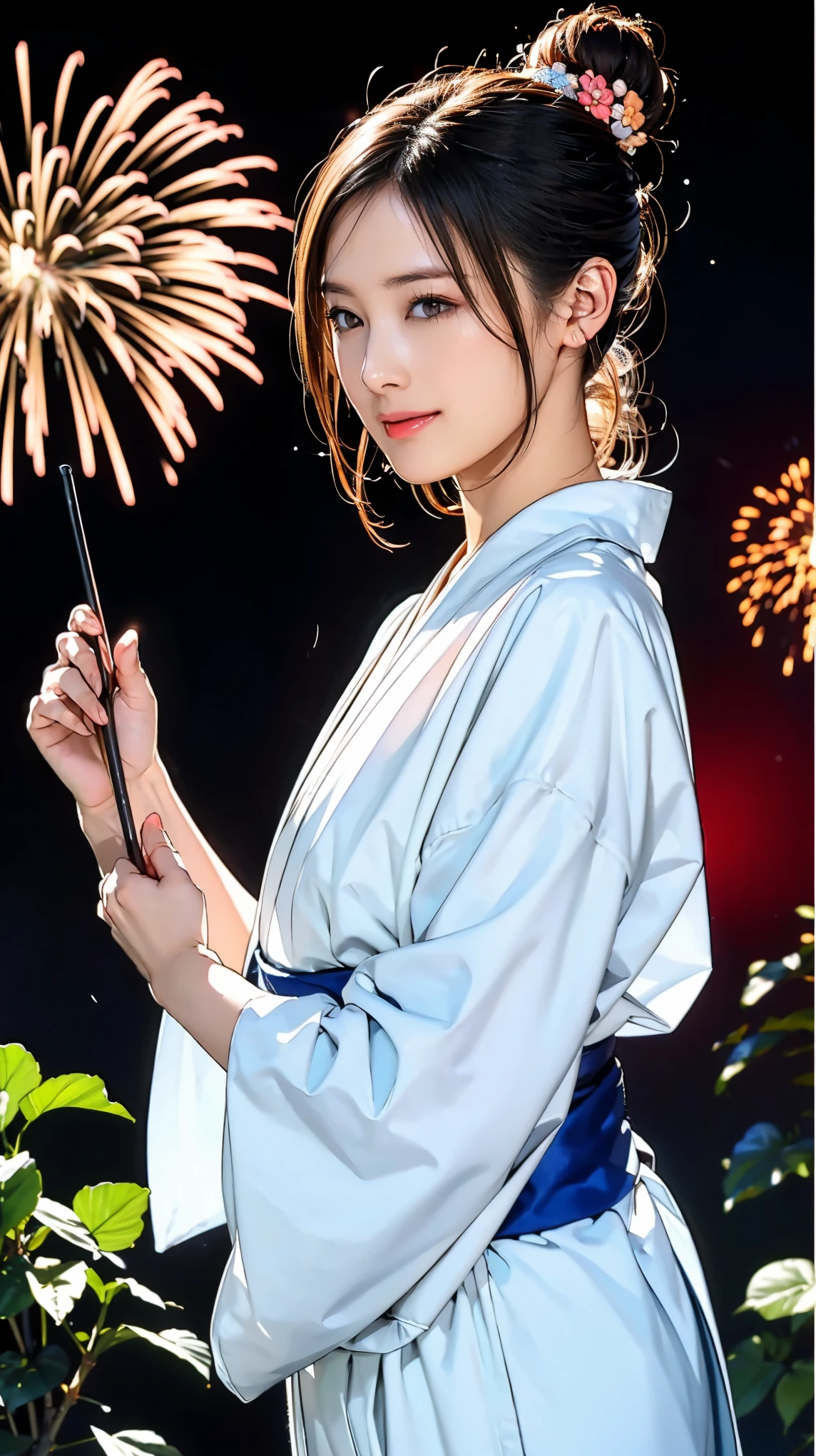 ((masterpiece)),(((Highest quality))),((Character design sheet)),Japanese yukata with flashy plant and floral patterns:1.5，Stylish sandals:1.5，The best smile:1.5，Upper Body Shot:1.5，Night fireworks background:1.5，Flashy makeup with red eyeshadow:1.5，Bun Hair:1.5，