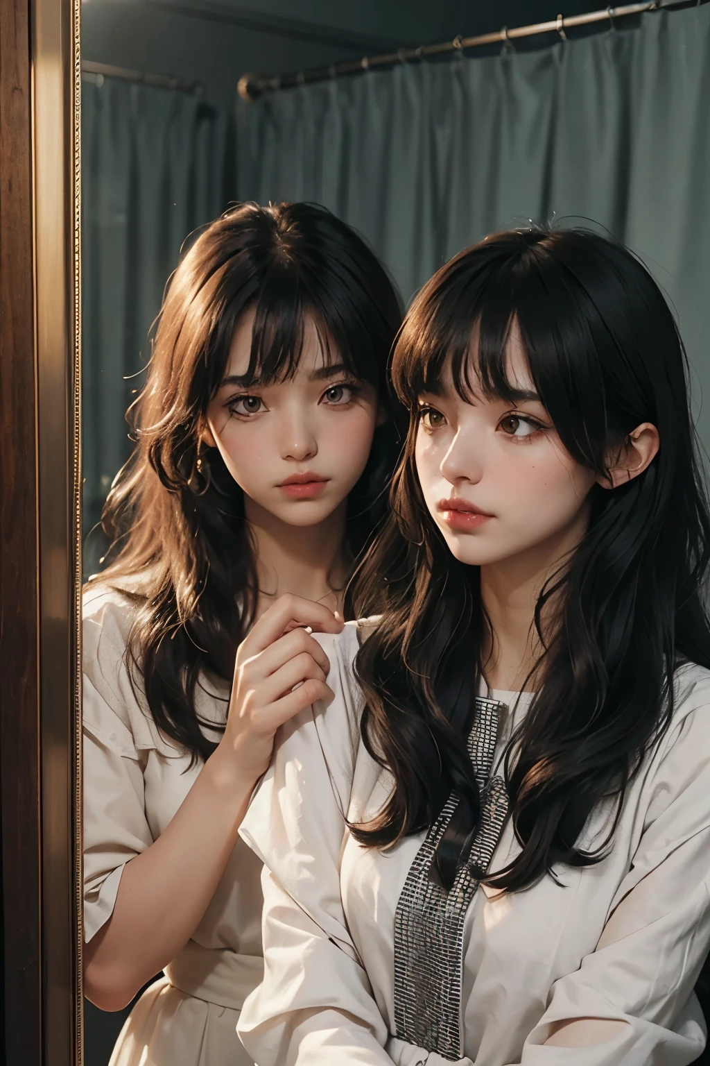 2 raped women with permed hair, twin, what makeup, without makeup, Centrally separated curtain bangs, Profile picture, Use Instagram Filters, Subtle soft and dim light, Pose looking back at the mirror, couple, perfect face, julia sardinian, perfect hands, Random behavior, (full_body),