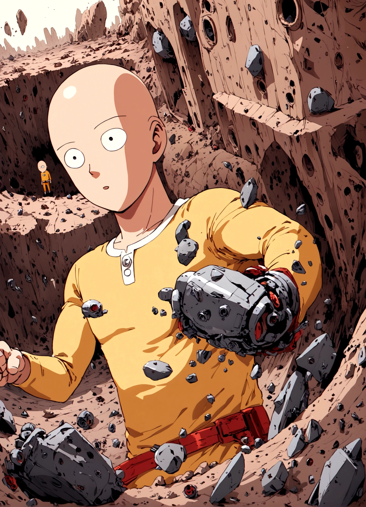 One Punch Man Saitama is looking confused, he has punched Transformer star Scream (who blew up), now Saitama is still in a punching stance in a crater surrounded by robot debris